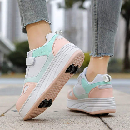 Kids Four-Wheel Roller Shoes PU Leather Sneakers