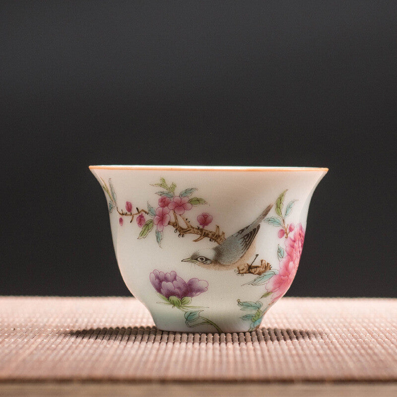 On Sales Chinese Kungfu Tea Cup Porcelain Bird Flower Print 60ml Master Cup New