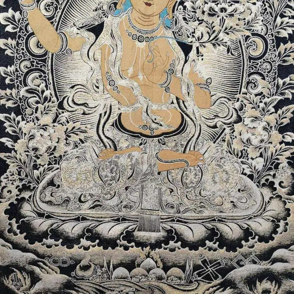 Retro Brocade Craft Thangka Embroidery Painting Caishen Buddha Tangka