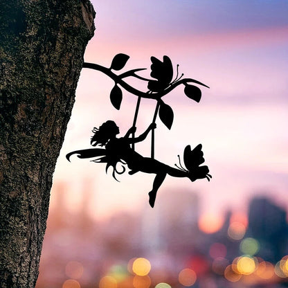 Swing Elf On Branch Steel Silhouette Metal Wall Art Home Garden Yard Patio