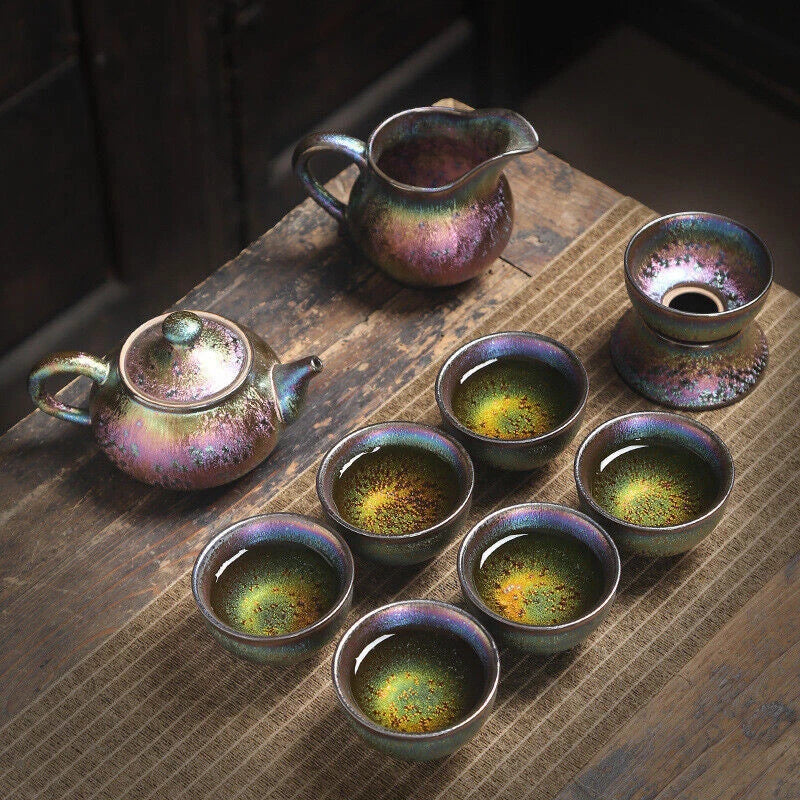 Tianmu Glaze Tea Set Kiln Change Complete Tea Set Silver Relief Chinese Pot Cups