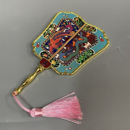 Enamel Painted Qianlong Dragon Phoenix Fan Antique Banana Fan Home Collection