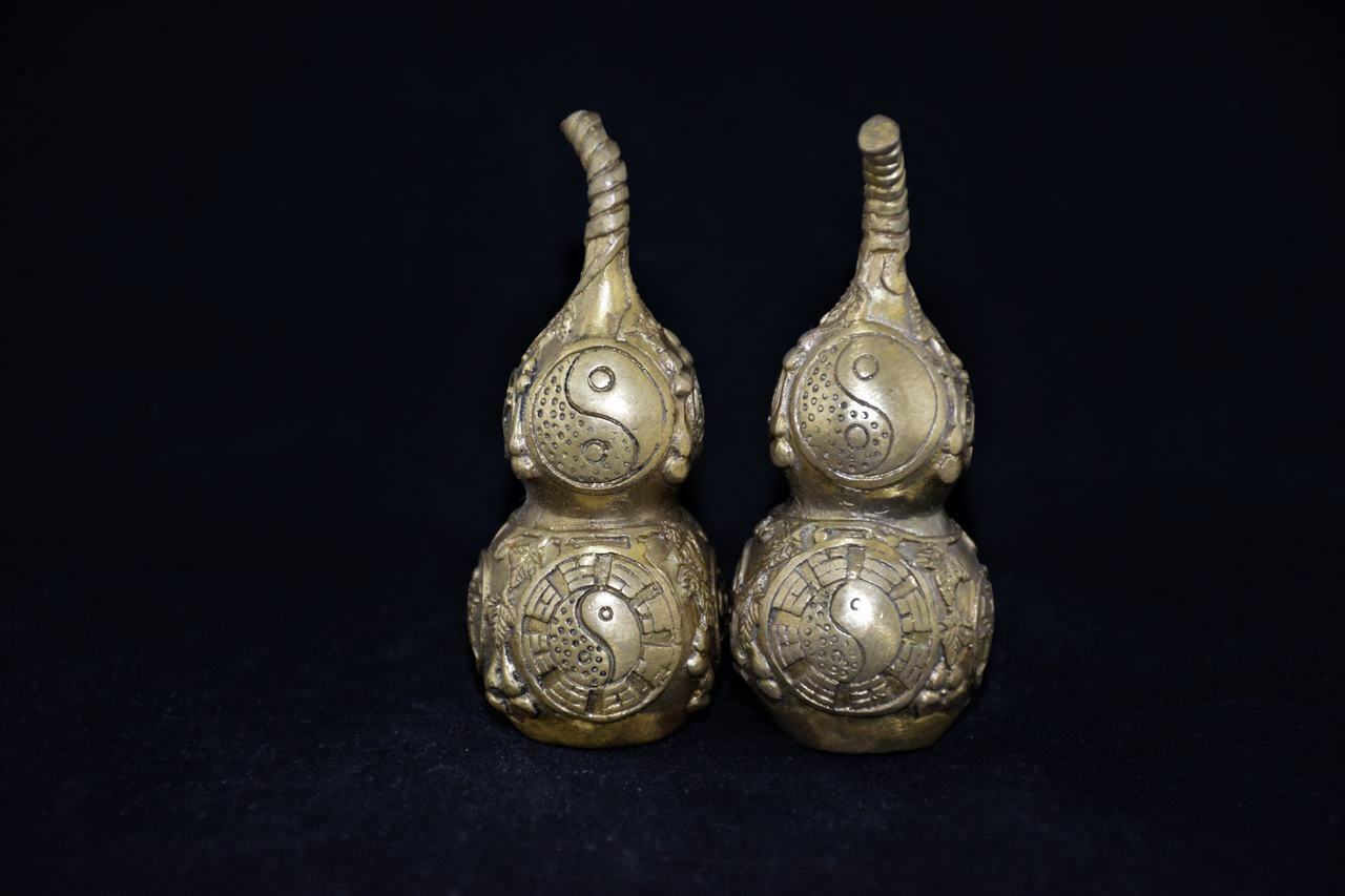 Vintage Chinese Pair Brass TAI-CHI Bottle Gourd