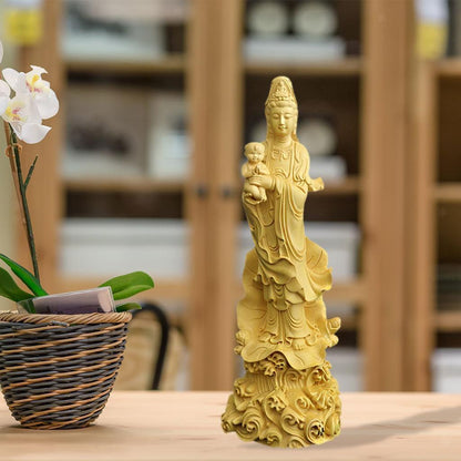Boxwood Guanyin Sculpture Kwan-Yin Buddha Statue for Home Desktop Decoration