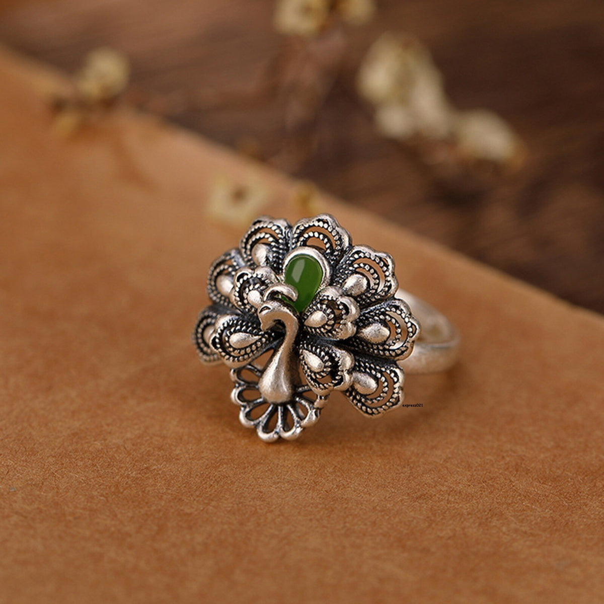 Natural Solid 925 Sterling Silver Jade Jasper Peacock Phoenix Women Lucky Ring