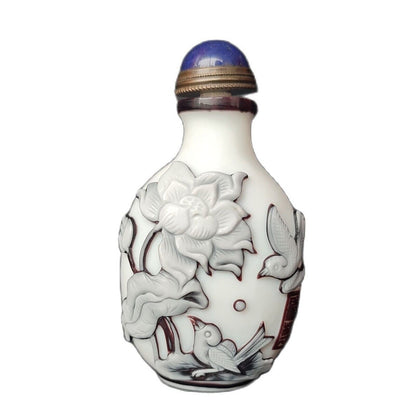 Old Peking Carved Glass Snuff Bottle Display Lotus Flower Bird Statue Landscape