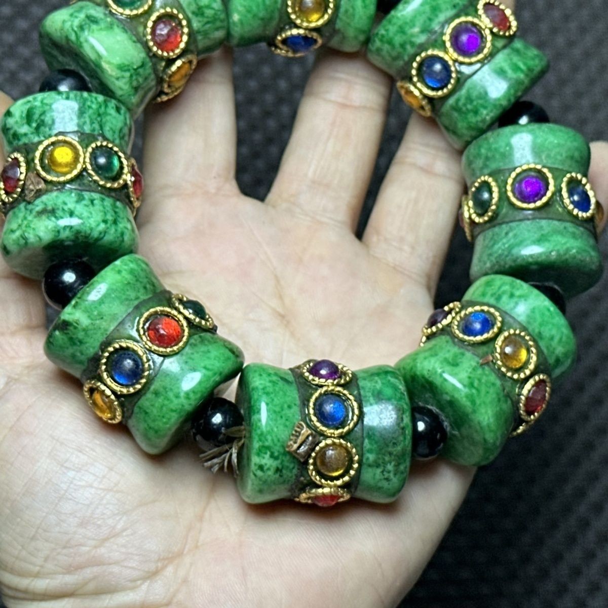 China Tibetan Natural Old Jade Collection Big Beads Green Bracelet Lucky Gift