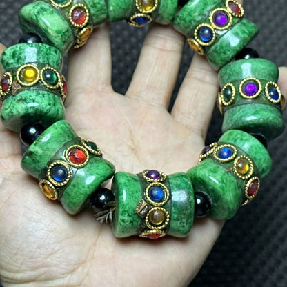 China Tibetan Natural Old Jade Collection Big Beads Green Bracelet Lucky Gift