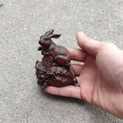 Wooden Carved Lucky Mini Rabbit Statue Gift Chinese Cabbage Money Ornament Decor