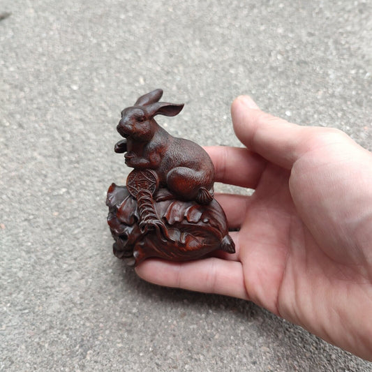 Wooden Carved Lucky Mini Rabbit Statue Gift Chinese Cabbage Money Ornament Decor