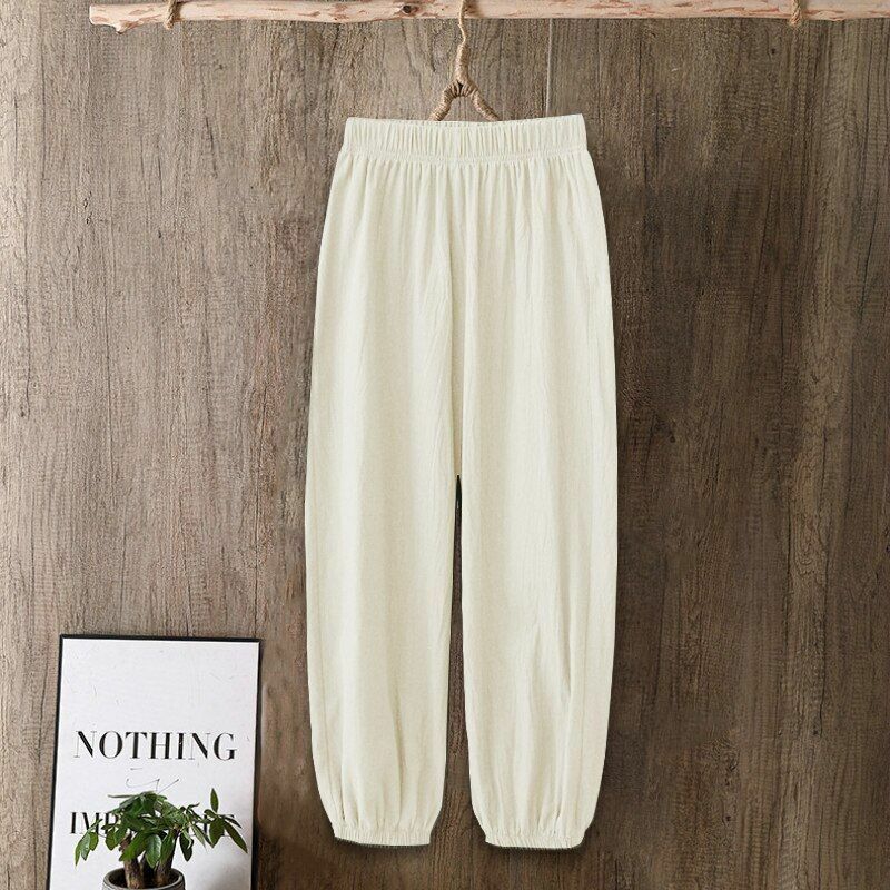 Pants Women Casual Cotton Linen Elastic Waist Solid Basic Retro Loose Trousers