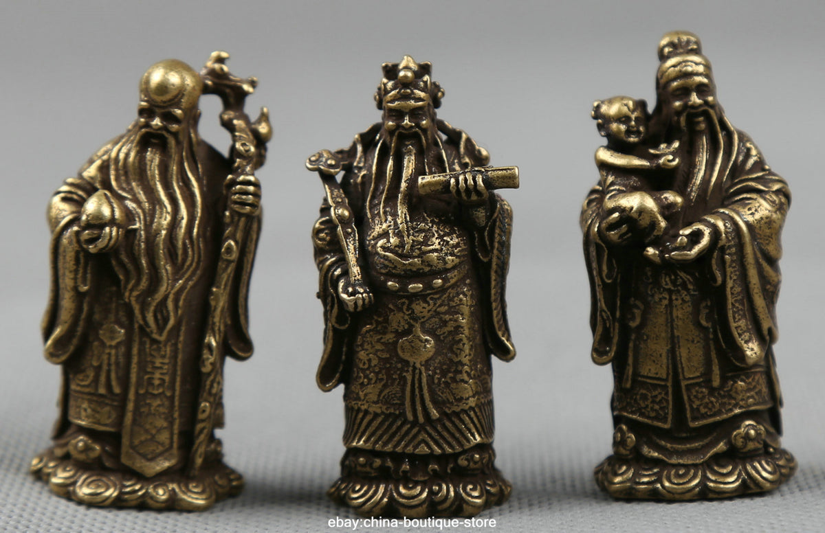 Small Curio Chinese Bronze Taoism 3 Longevity God Fu Lu Shou Life Wealth Statue