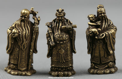 Small Curio Chinese Bronze Taoism 3 Longevity God Fu Lu Shou Life Wealth Statue