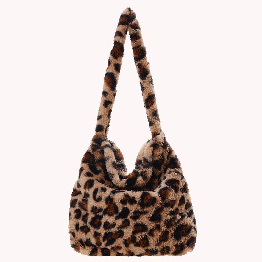 Cow Print Underarm Bag Soft Plush Pink Small Fluffy Shoulder Purse 25*17*7 CM