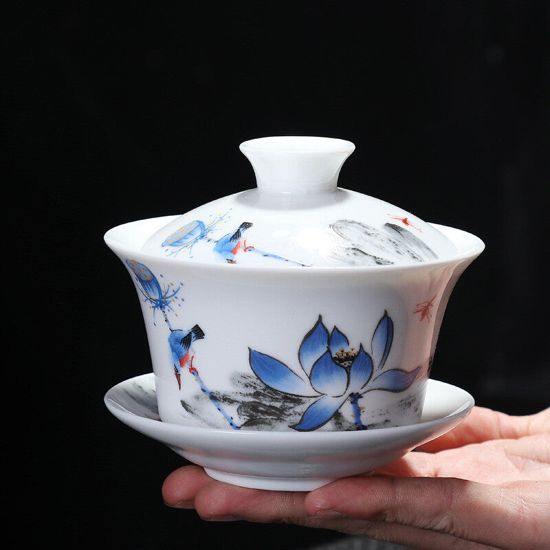 China Gaiwan Porcelain Handpainted Under Glaze Ceramic Tea Cup Bowl Saucer Lid