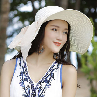 Outdoor Seaside Woman Fashion Big Bow Large Brimmed Cap Foldable Straw Hat