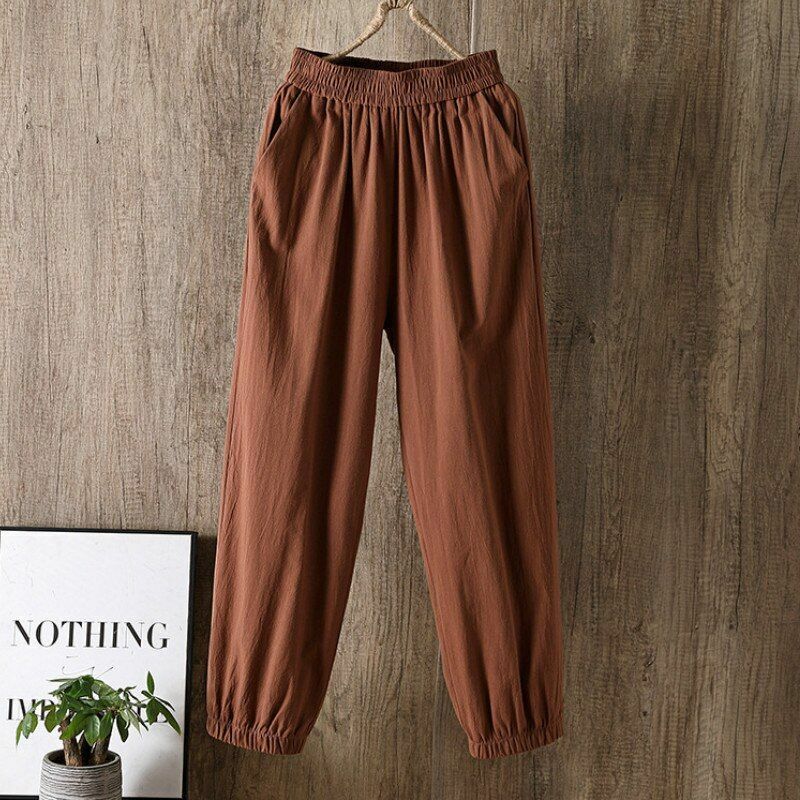 Pants Women Casual Cotton Linen Elastic Waist Solid Basic Retro Loose Trousers