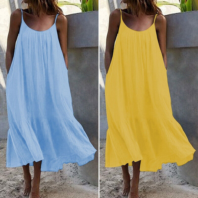 Womens Summer Sleeveless Loose Dress Beach Slip Sundress Swing Baggy Solid Color