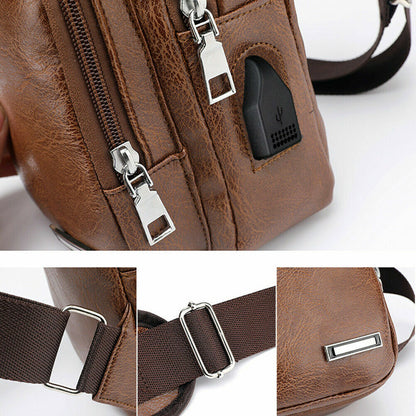 Men's Leather Chest Bag Shoulder Pack USB Charging Port Crossbody Handbag