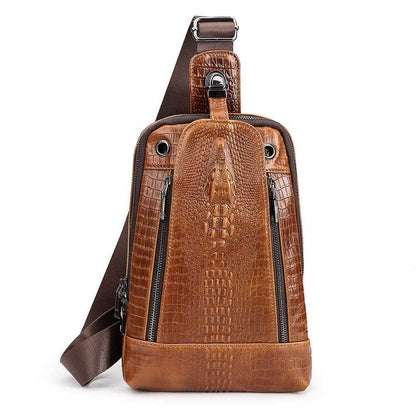 Top Cow Leather Sling Backpack,Crocodile Pattern Chest Crossbody Bag Daypack