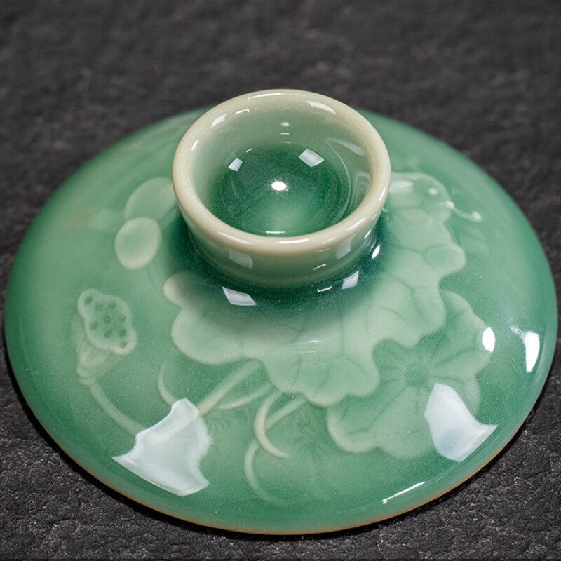 boutique gaiwan longquan celadon porcelain tureen shadow carved Sancai bowl lid