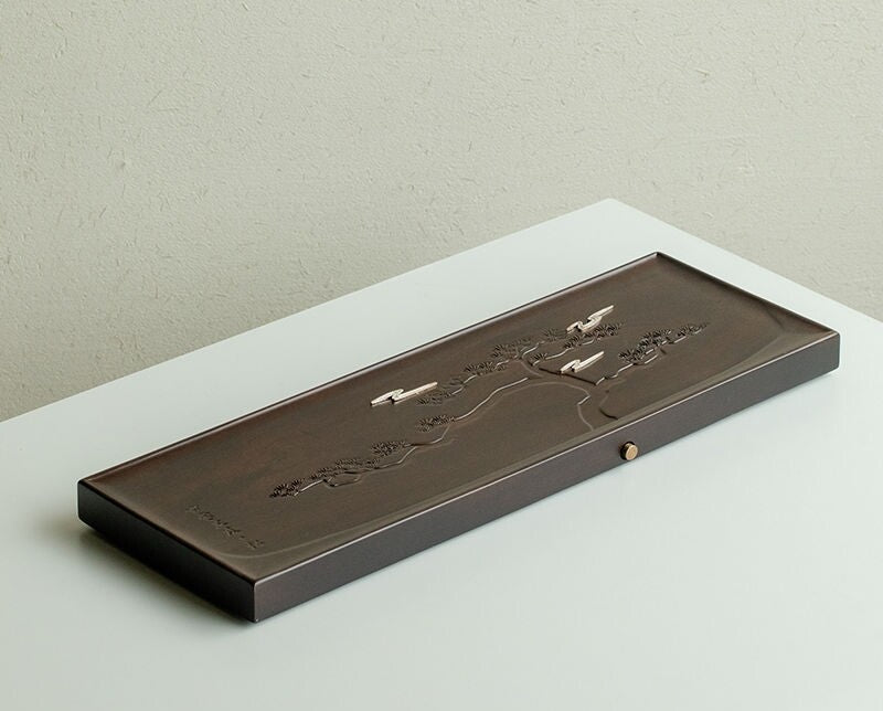 Ebony Wood Tea Tray Rectangle Water Reservoir Solid Wood Serving Tray Silver New