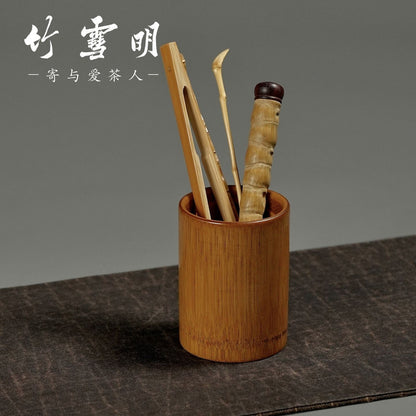 Vintage Bamboo Tea Canister Brush Holder Desk Organizer 7x10cm