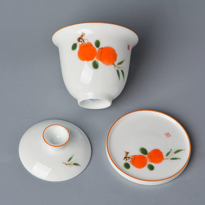 100ml Hand Painted Persimmon Pattern Gaiwan Teacup Porcelain Tea Bowl Tea Set