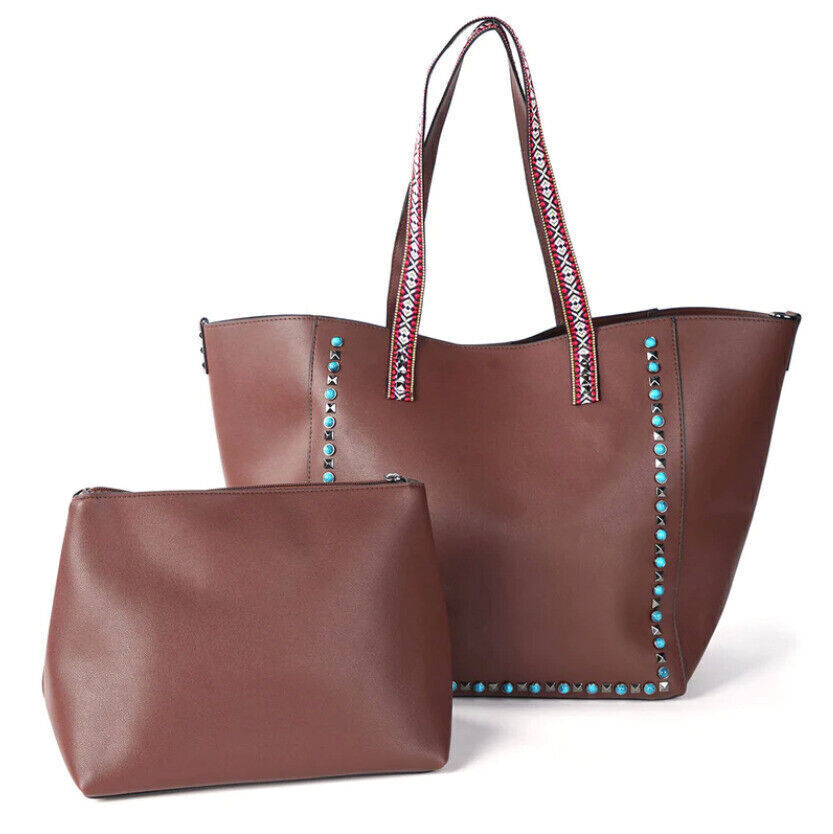 Celela Rivet Turquoise Embellished Women Tote Handbag Shoulder Bag W/ Purse USA