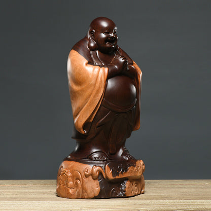 8" Natural Ebony Wood Carved Maitreya Buddha Statue Happy Laughing Buddhism