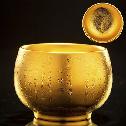 24k Gold Tea Cup Zen Style Chinese Mater Heart Sutra Carved Full Handmade 180ml