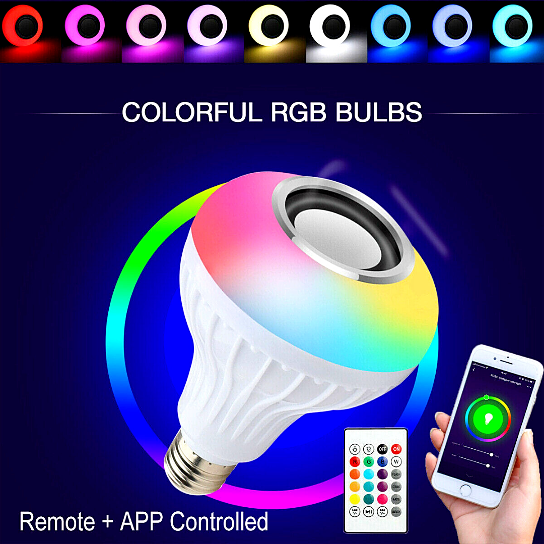 Bluetooth Bombilla Audio Altavoz Luces Lampara RGB Cambia De Color Con Remoto