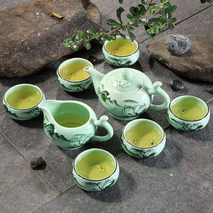 Longquan Celadon Kungfu Tea Set Handpainted Underglaze Tea Pot Fish Carved Cups