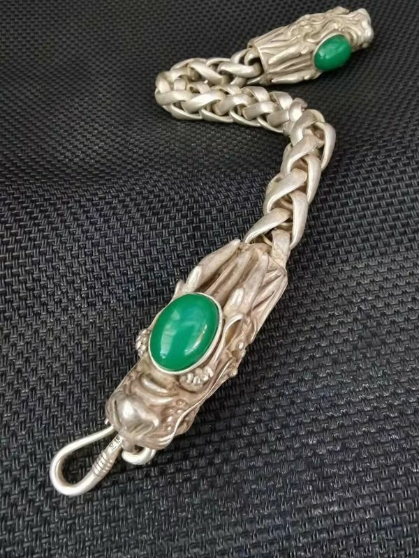 Collectible Chinese Green Jade Tibet Silver Handwork Auspicious Dragon Bracelet