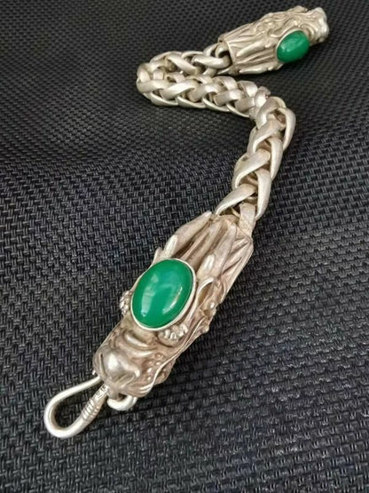Collectible Chinese Green Jade Tibet Silver Handwork Auspicious Dragon Bracelet