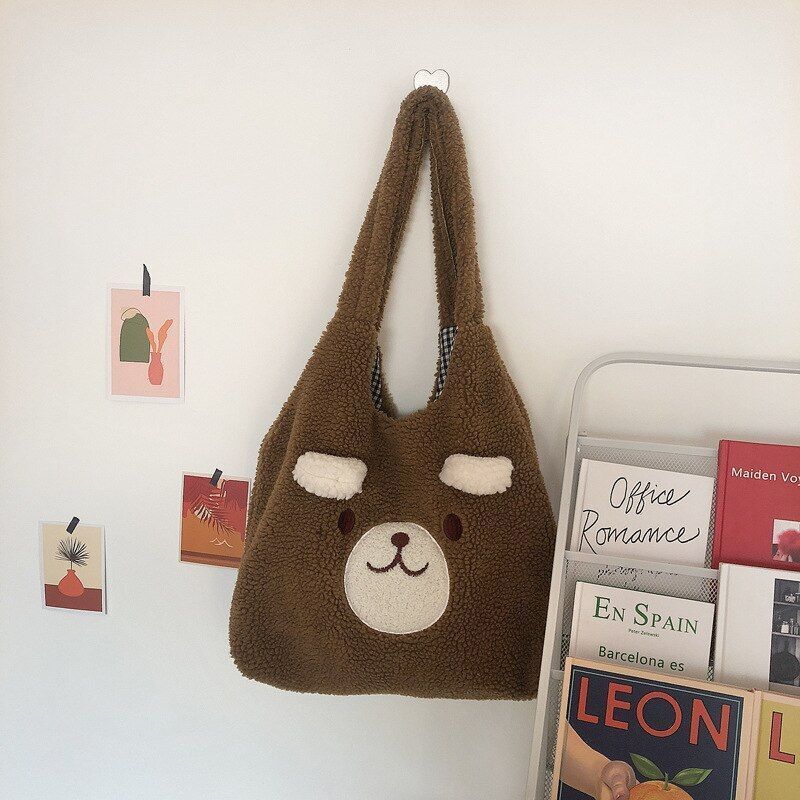 Winter Soft Plush Bag Women Cartoon Embroidery Imitation Lamb Hair Shoulder Bag