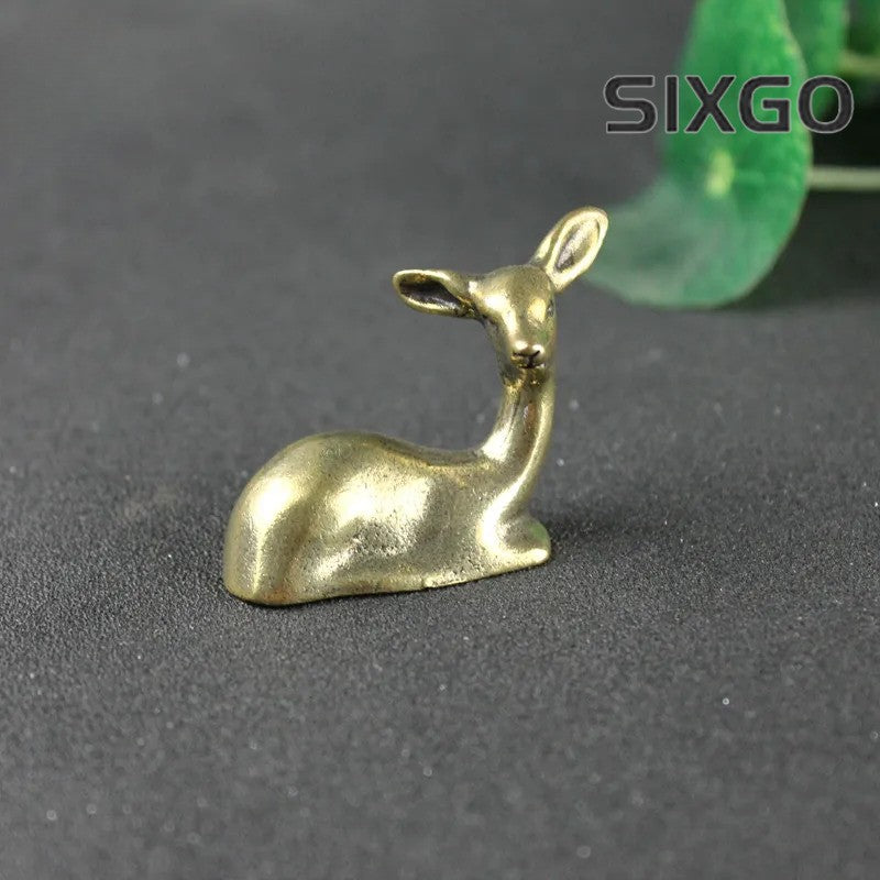 Pure Copper Lying Sika Deer Figurines Miniatures Small Desktop Ornament