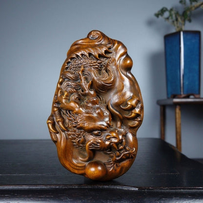 Chinese Boxwood Exquisite Dragon Statue Loong Two-sided Carving Desktop Decor