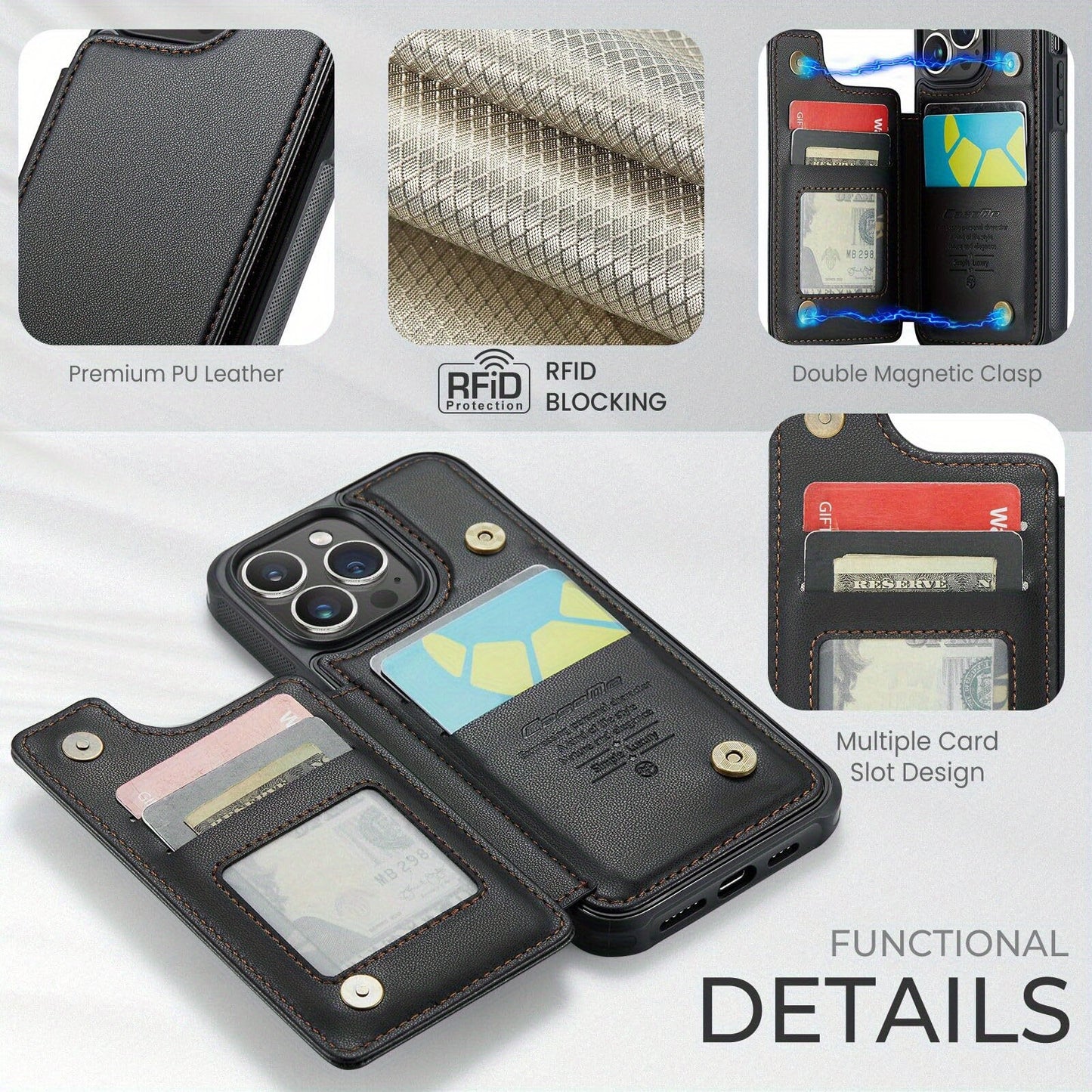 For iPhone 16 15 14 13 12 11 Pro Max Plus XR XS Max Wallet Case with Card Holder