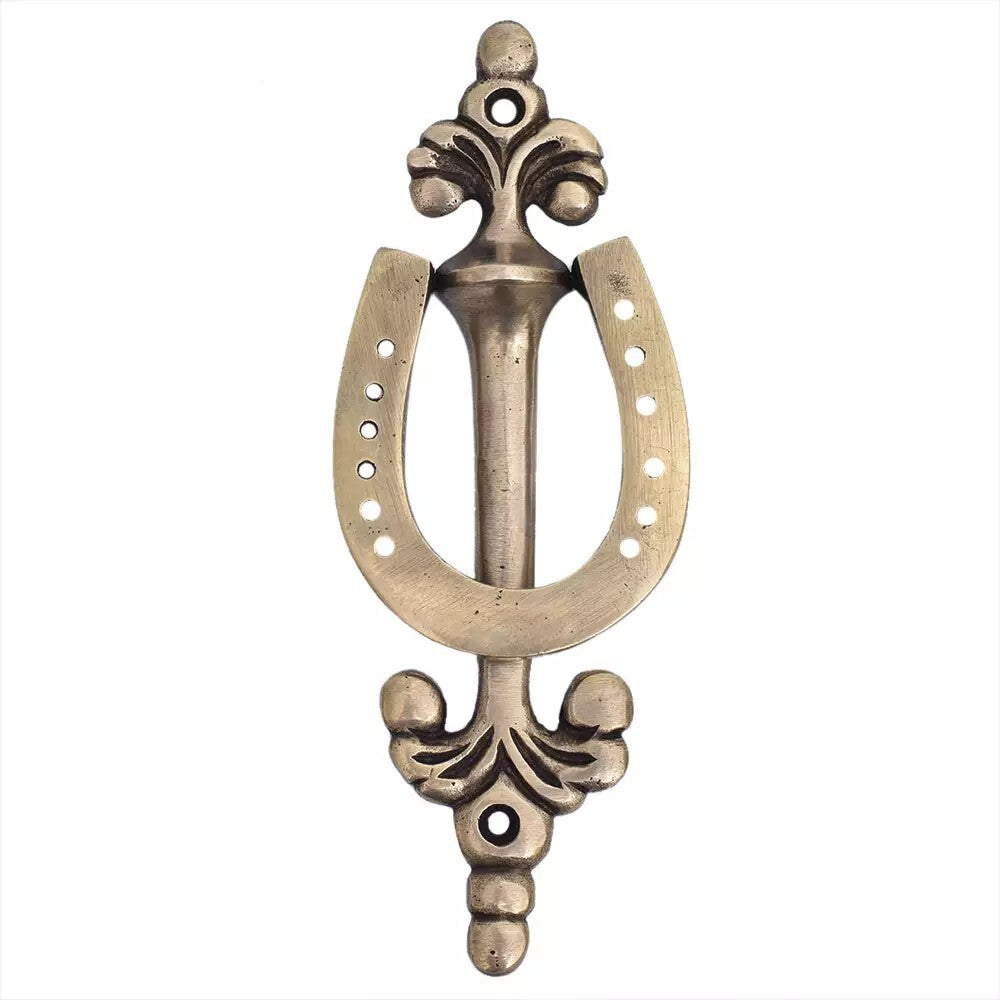 Antique Look Brass Horse Shoe Door knocker On Long Base Plate Door Bell