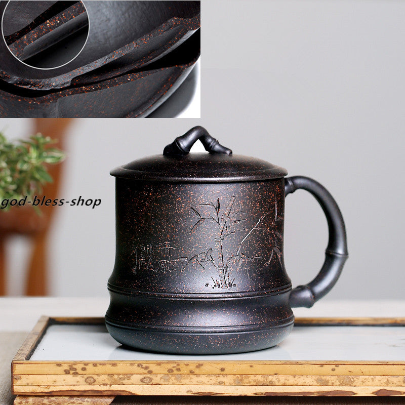 Real Authentic Yixing Zisha Purple Tea Cup Bamboo Carved Office Cup 380ml Mug