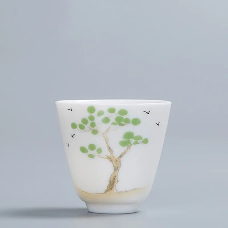 Chinese White porcelain Teacup Hand painted flowers Ceramic Tea Bowl Handmade