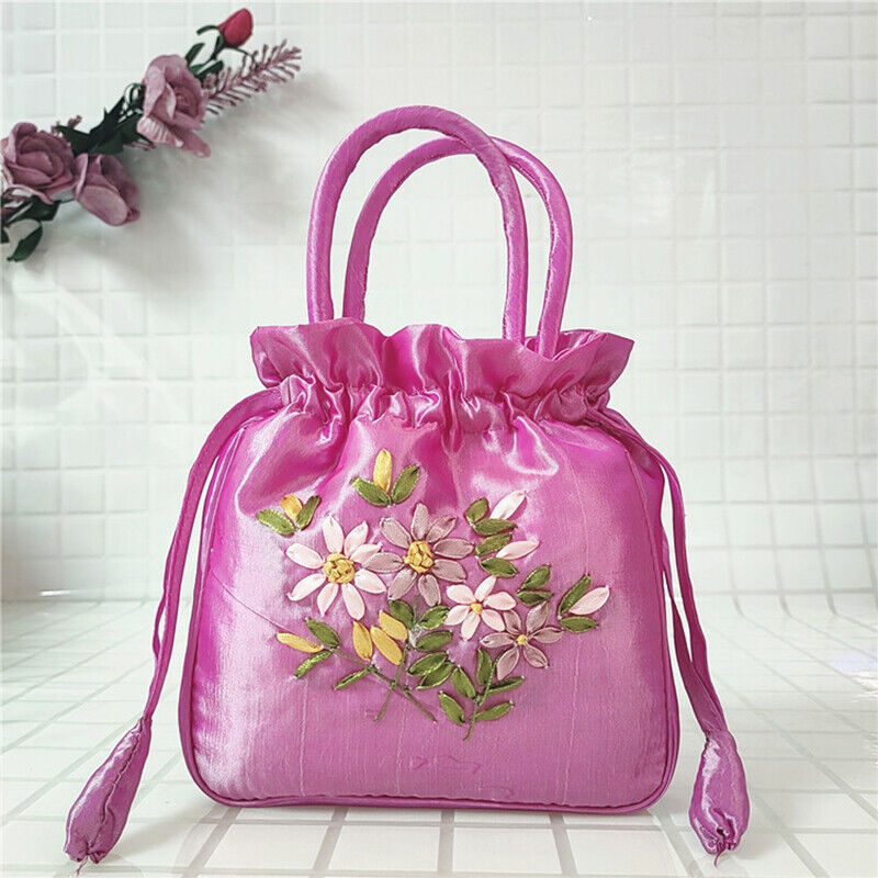 Women Ethnic Embroidered Floral Satin Handbag Girls Drawstring Tote Hanfu Bag