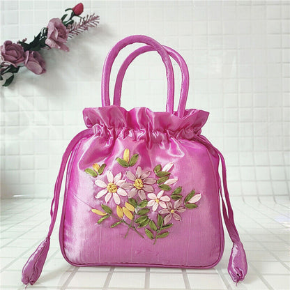 Women Ethnic Embroidered Floral Satin Handbag Girls Drawstring Tote Hanfu Bag