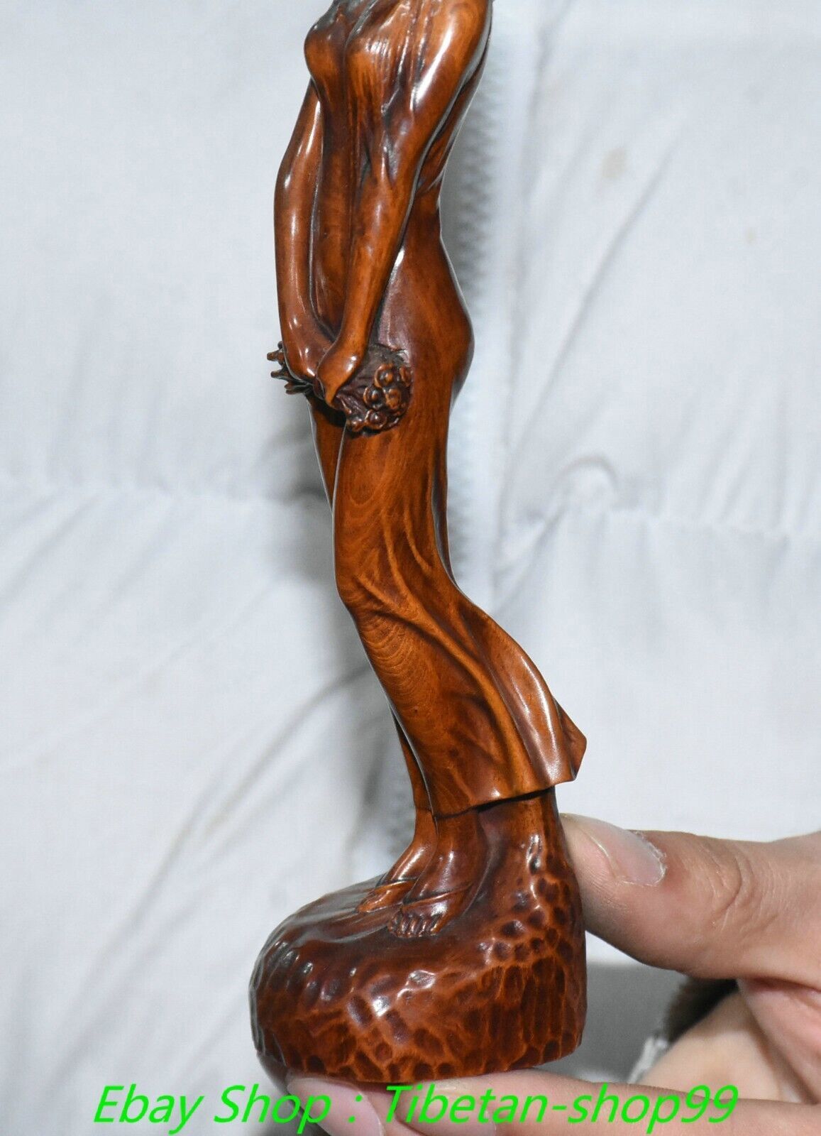 7.1''Old Chinese Boxwood Carving Beauty Beautiful Belle Statue Sculpture