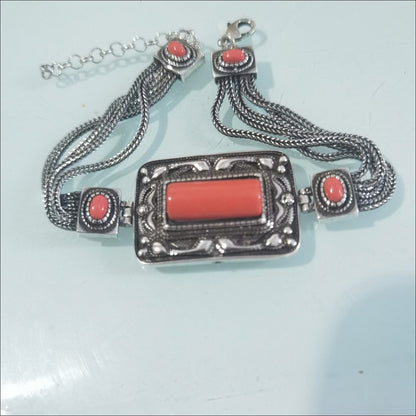 Mongolian Bracelet Vintage Red Inlay Square Ethnic Silver Chain Bracelet