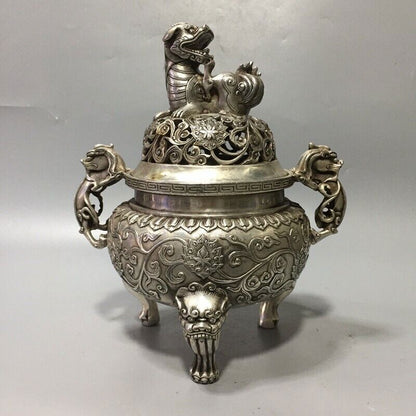 Superb Old Chinese tibet silver handcarved lion foo dog lid incense burner