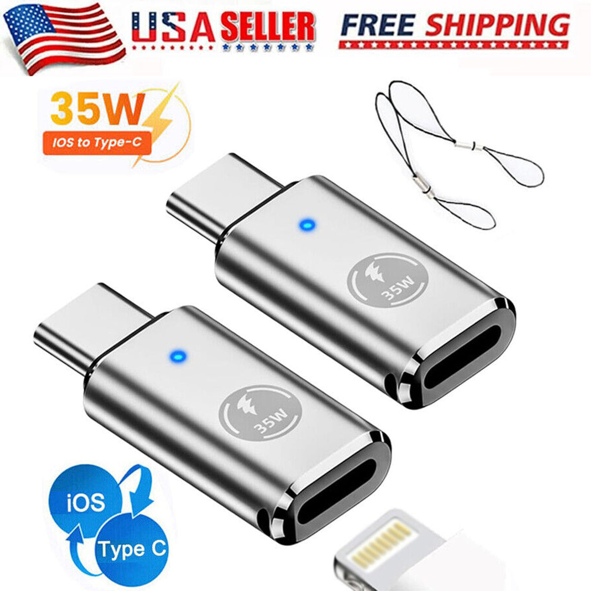 35W USB-C Male to iOS Female Adapter + lanyard For iPhone 15 Pro Max 15 Plus X2