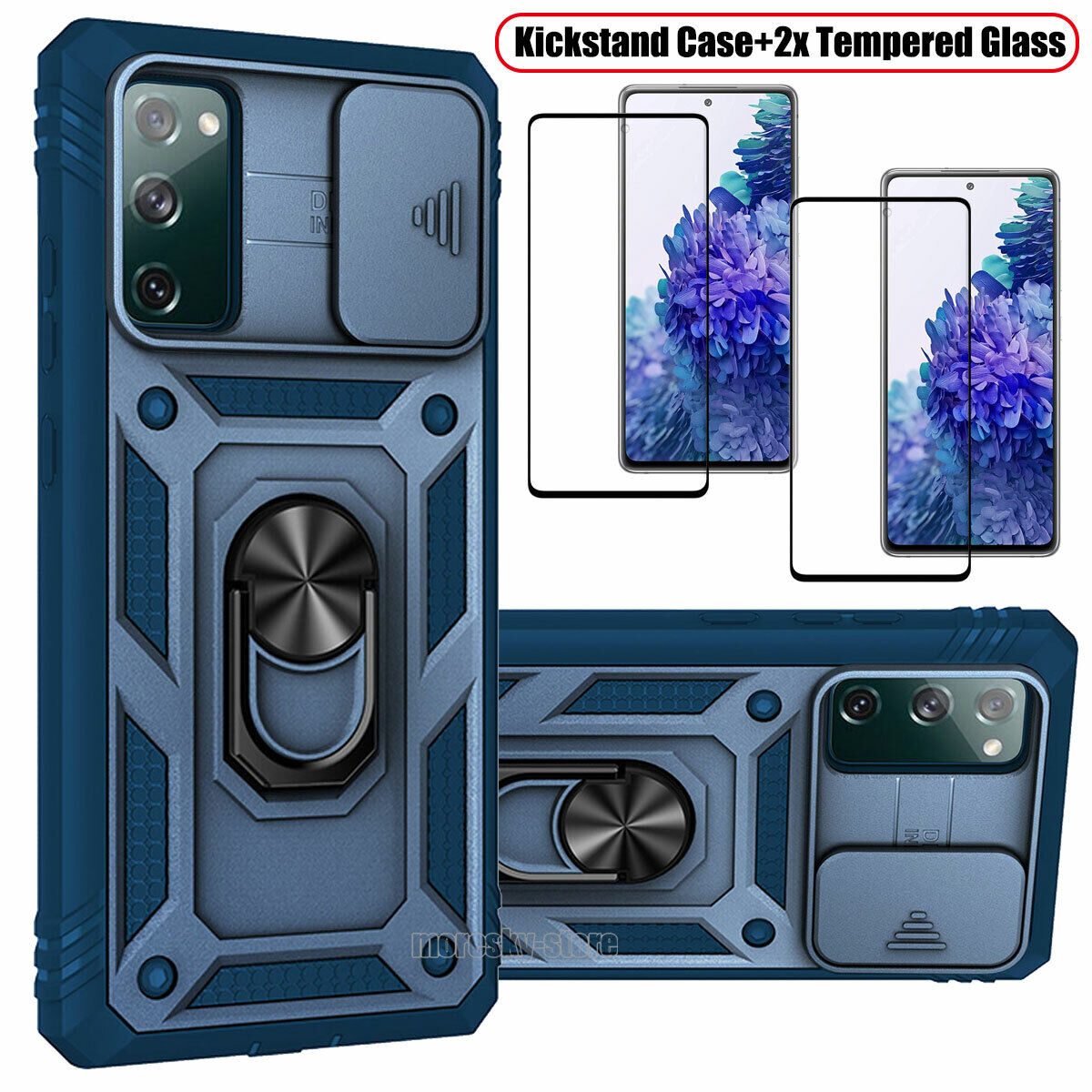 For Samsung Galaxy S20 FE 5G Stand Case + Camera Lens Slide Cover Tempered Glass