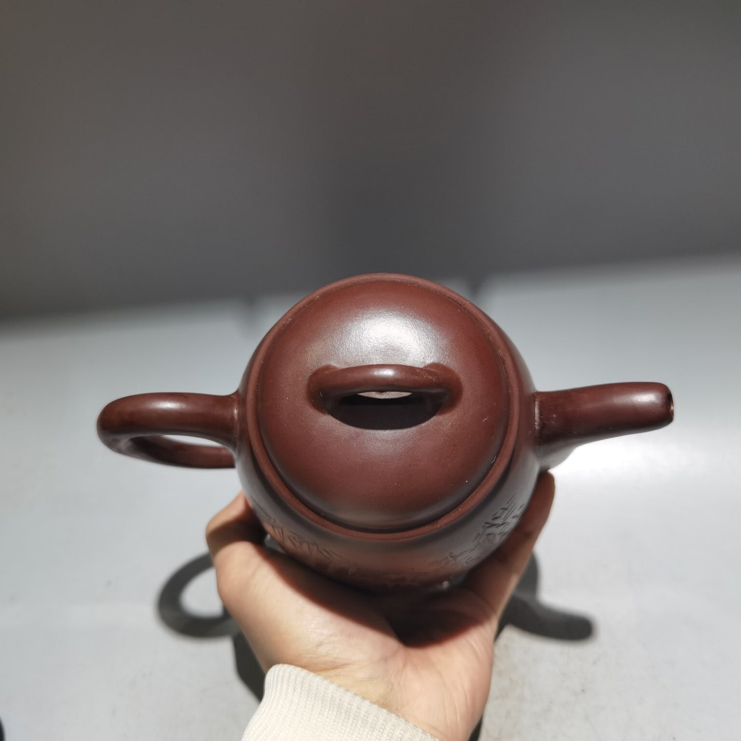 7.4"Chinese Yixing Zisha Pottery Old Purple Clay 460CC Bamboo Lettering Teapot